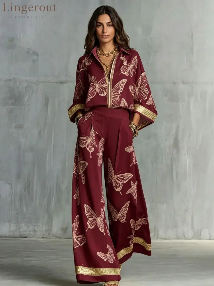 Butterfly Print Zip‑Front Blouse & Wide‑Leg Pant Two‑Piece Set - Burgundy / S