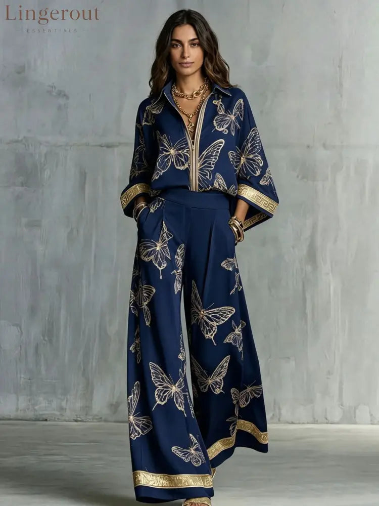 Butterfly Print Zip‑Front Blouse & Wide‑Leg Pant Two‑Piece Set - Navy blue / S