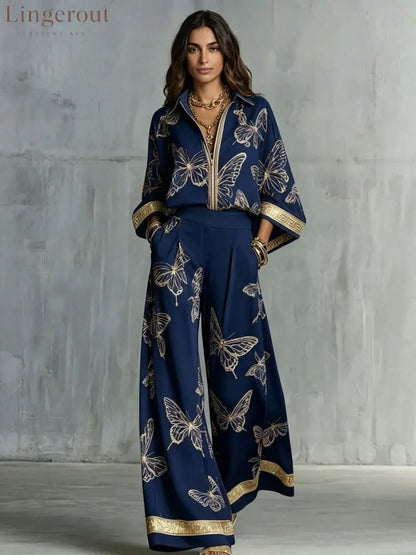 Butterfly Print Zip‑Front Blouse & Wide‑Leg Pant Two‑Piece Set - Navy blue / S