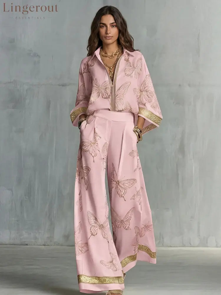 Butterfly Print Zip‑Front Blouse & Wide‑Leg Pant Two‑Piece Set - Pink / S