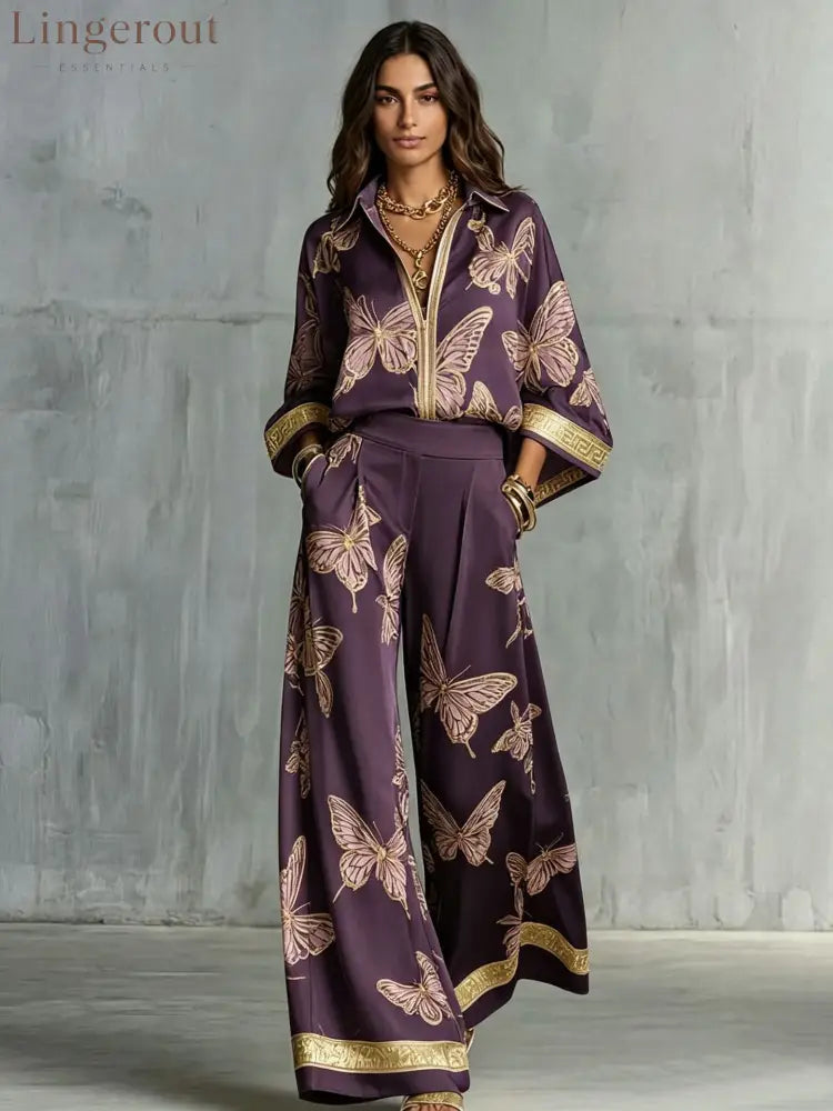 Butterfly Print Zip‑Front Blouse & Wide‑Leg Pant Two‑Piece Set - Purple / S