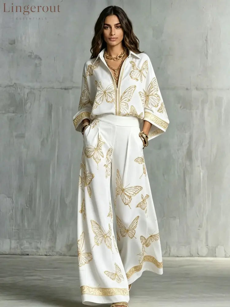 Butterfly Print Zip‑Front Blouse & Wide‑Leg Pant Two‑Piece Set - White / S