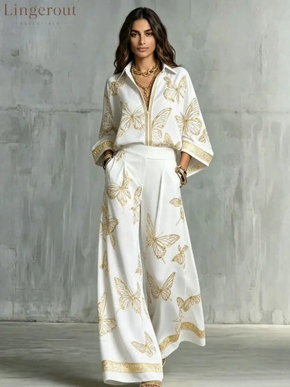 Butterfly Print Zip‑Front Blouse & Wide‑Leg Pant Two‑Piece Set - White / S