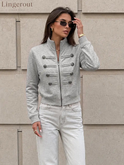 Button Detail Zip-Up Jacket - Light Grey / XS - Jackets