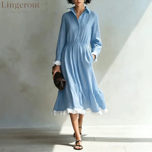 Button-Down Shirt Dress with White Ruffle Trim