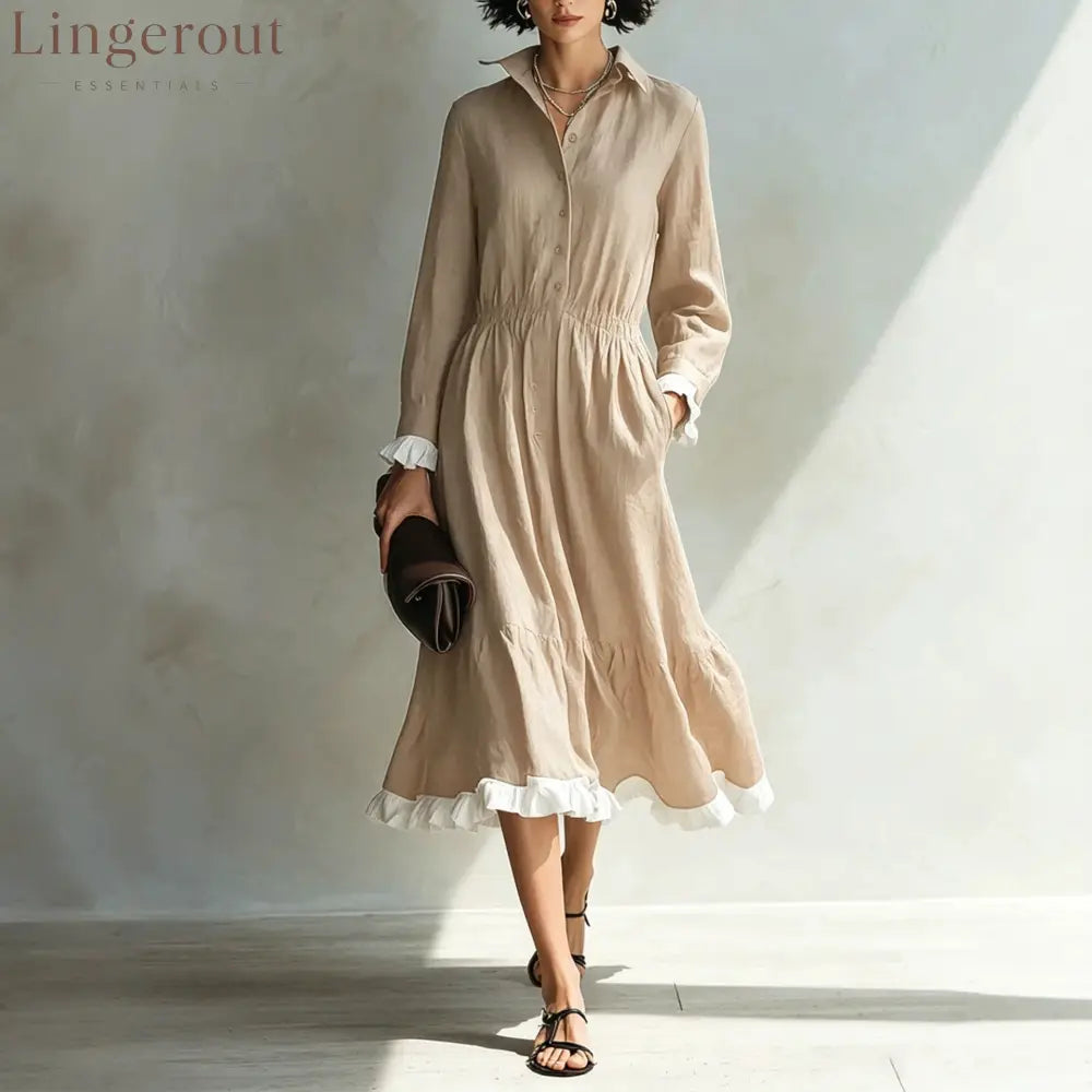 Button-Down Shirt Dress with White Ruffle Trim