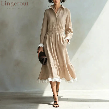 Button-Down Shirt Dress with White Ruffle Trim