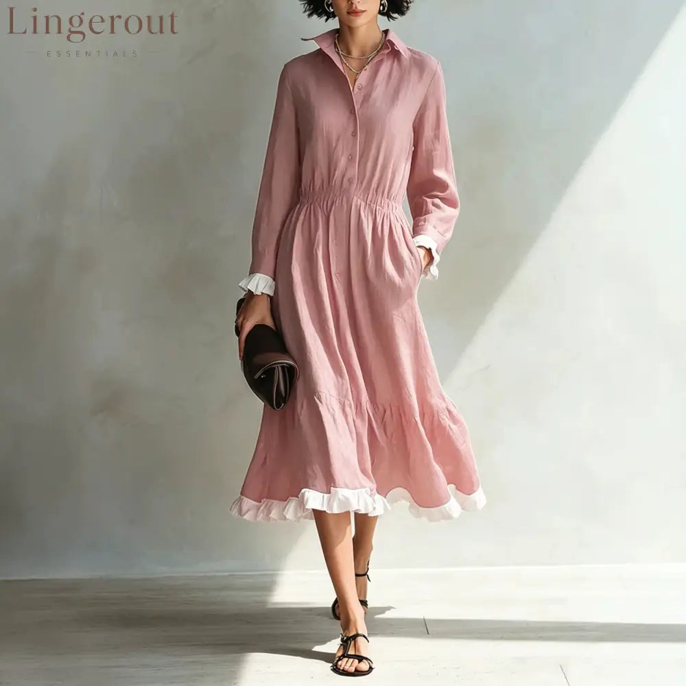 Button-Down Shirt Dress with White Ruffle Trim