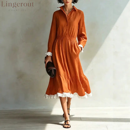 Button-Down Shirt Dress with White Ruffle Trim