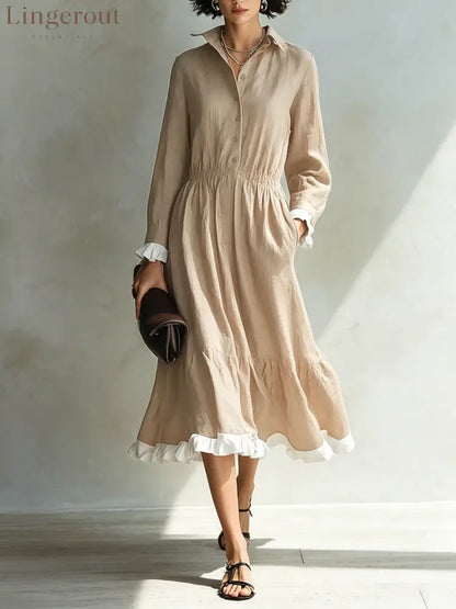 Button-Down Shirt Dress with White Ruffle Trim - Apricot / S