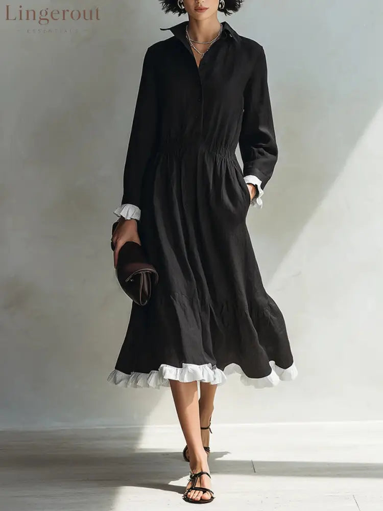Button-Down Shirt Dress with White Ruffle Trim - Black / S