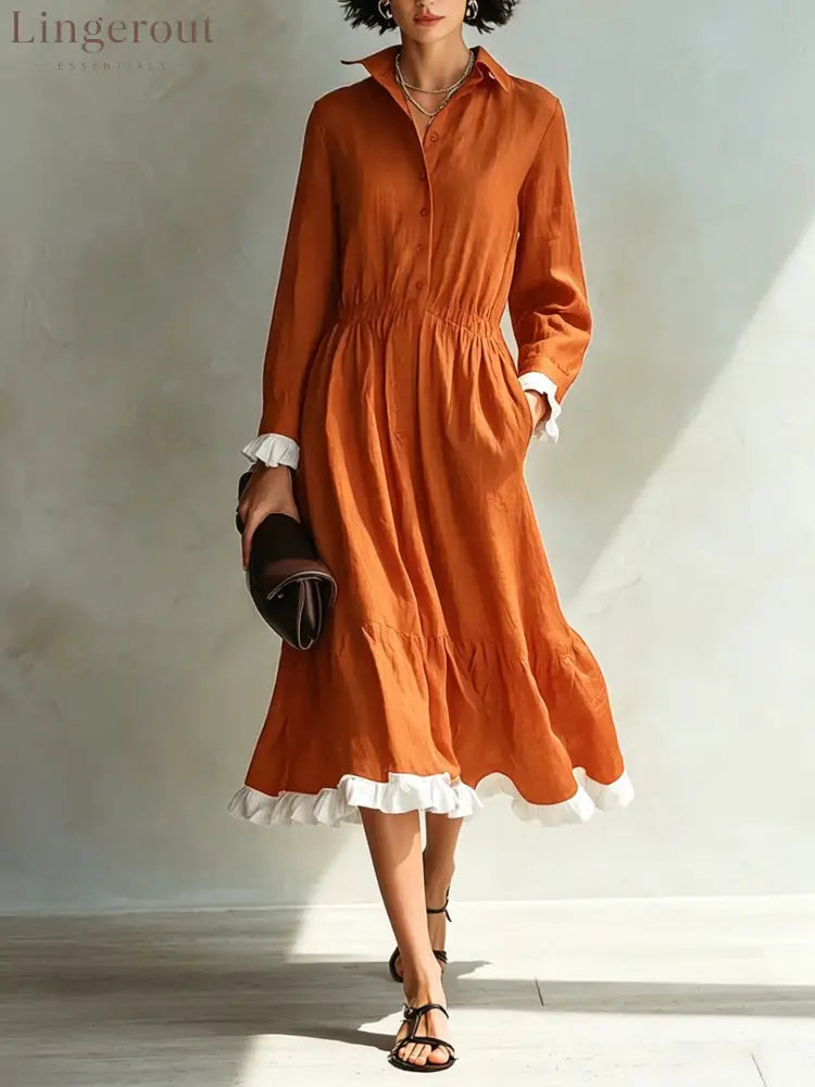 Button-Down Shirt Dress with White Ruffle Trim - Orange / S