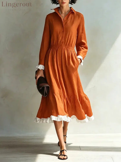 Button-Down Shirt Dress with White Ruffle Trim - Orange / S