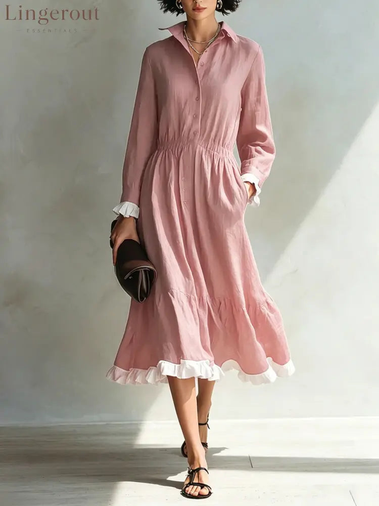 Button-Down Shirt Dress with White Ruffle Trim - Pink / S