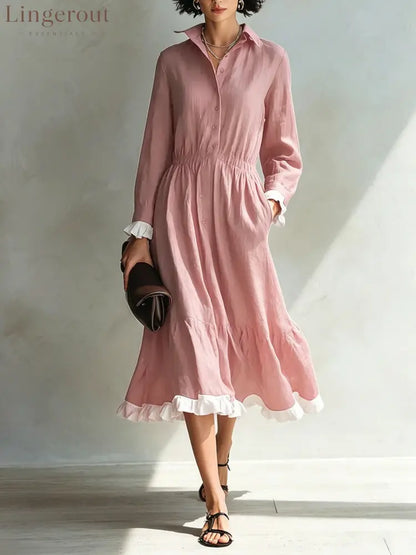Button-Down Shirt Dress with White Ruffle Trim - Pink / S