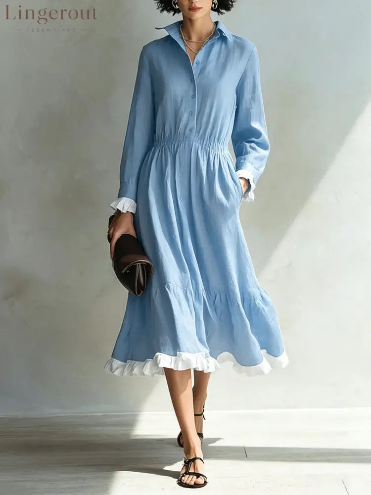 Button-Down Shirt Dress with White Ruffle Trim - Sky blue / S