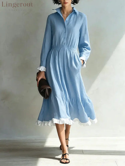 Button-Down Shirt Dress with White Ruffle Trim - Sky blue / S