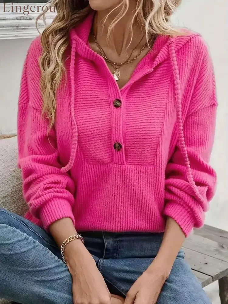 Button-Front Drawstring Hoodie