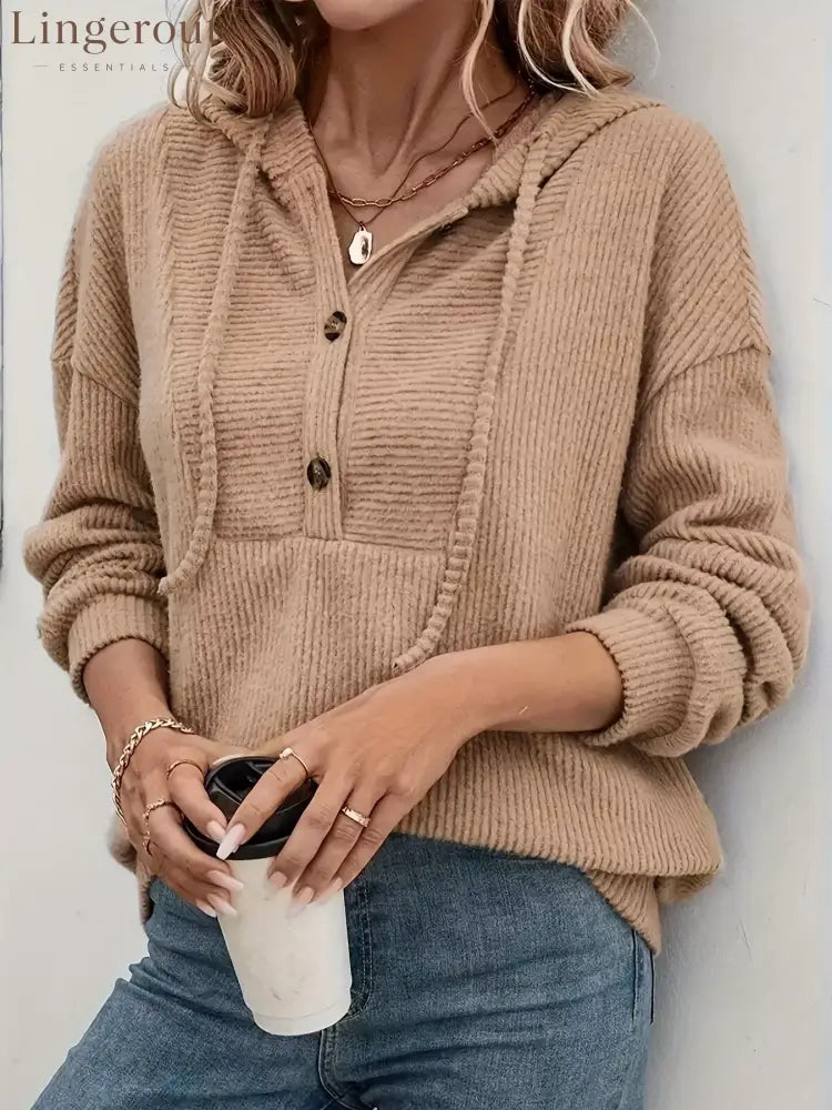 Button-Front Drawstring Hoodie