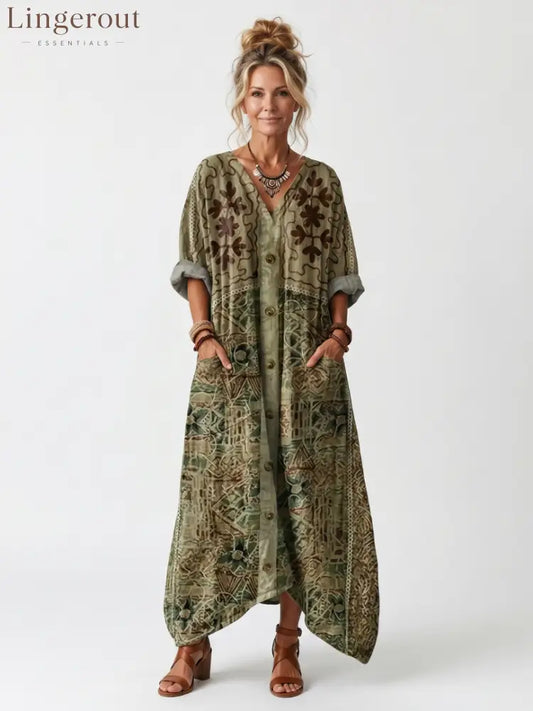 Aleta | Button Front Embroidered Oversized Pocket Midi Dress