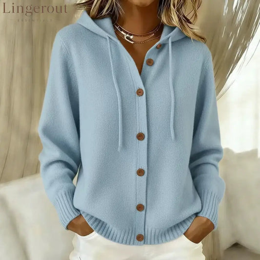 Button Front Hooded Knit Cardigan With Pockets - Light blue / S