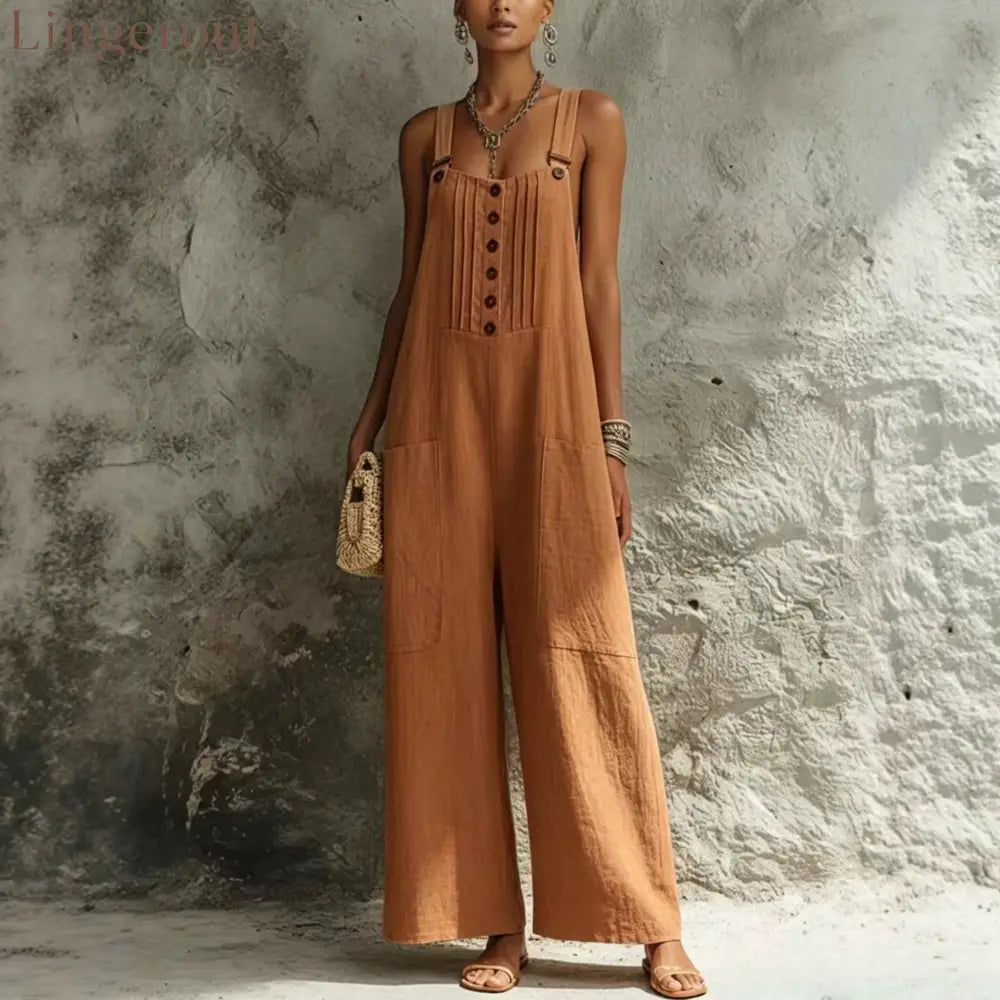 2026 European And American Cross-Border Women’S Independent Station Popular Woven Button Sleeveless Wide-Leg Pants