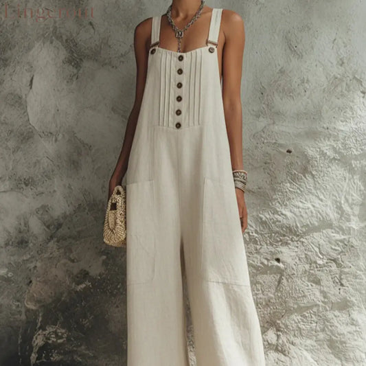 2026 European And American Cross-Border Women’S Independent Station Popular Woven Button Sleeveless Wide-Leg Pants