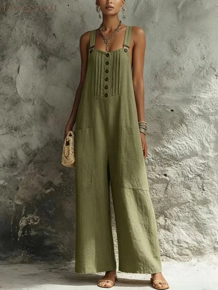 2026 European And American Cross-Border Women’S Independent Station Popular Woven Button Sleeveless Wide-Leg Pants