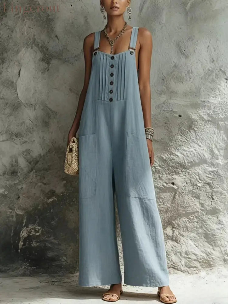 2026 European And American Cross-Border Women’S Independent Station Popular Woven Button Sleeveless Wide-Leg Pants