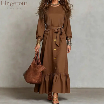 Button‑Front Tie‑Waist Tiered Ruffle Maxi Dress