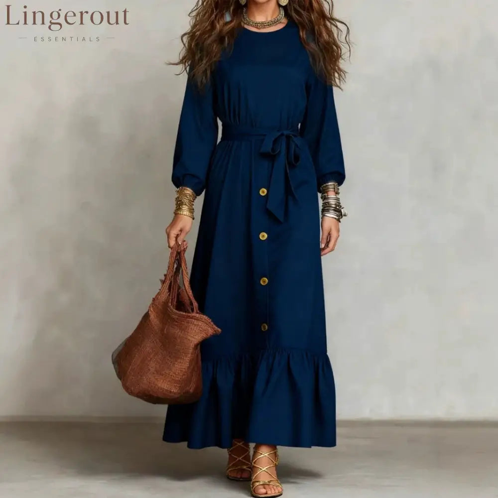 Button‑Front Tie‑Waist Tiered Ruffle Maxi Dress
