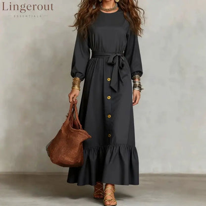 Button‑Front Tie‑Waist Tiered Ruffle Maxi Dress