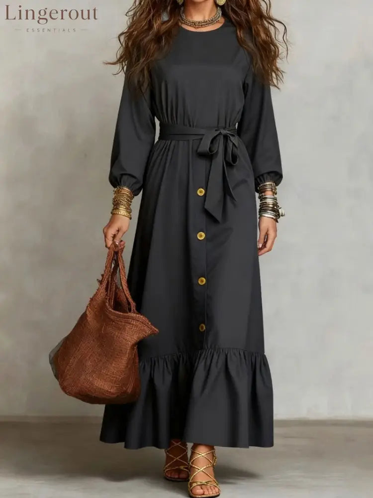 Button‑Front Tie‑Waist Tiered Ruffle Maxi Dress - black / M