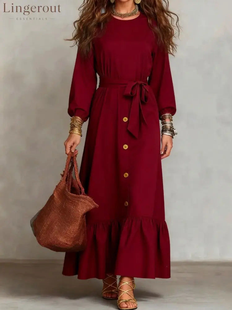 Button‑Front Tie‑Waist Tiered Ruffle Maxi Dress - burgundy / M