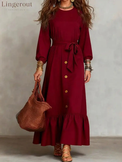Button‑Front Tie‑Waist Tiered Ruffle Maxi Dress - burgundy / M