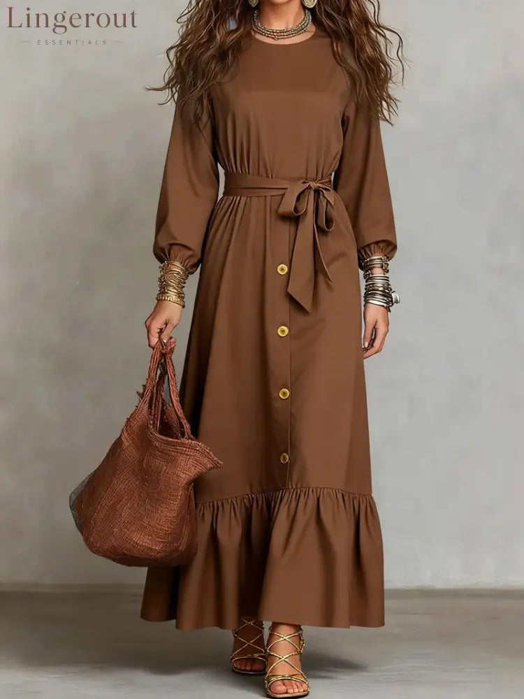 Button‑Front Tie‑Waist Tiered Ruffle Maxi Dress - coffee‑brown / M