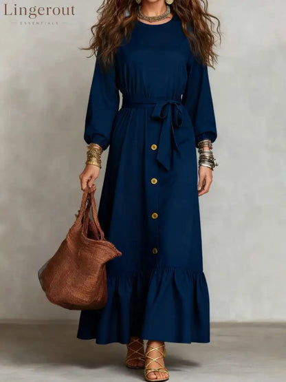 Button‑Front Tie‑Waist Tiered Ruffle Maxi Dress - navy blue / M