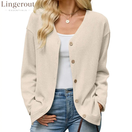 Button Front V-Neck Knit Cardigan - Apricot / S