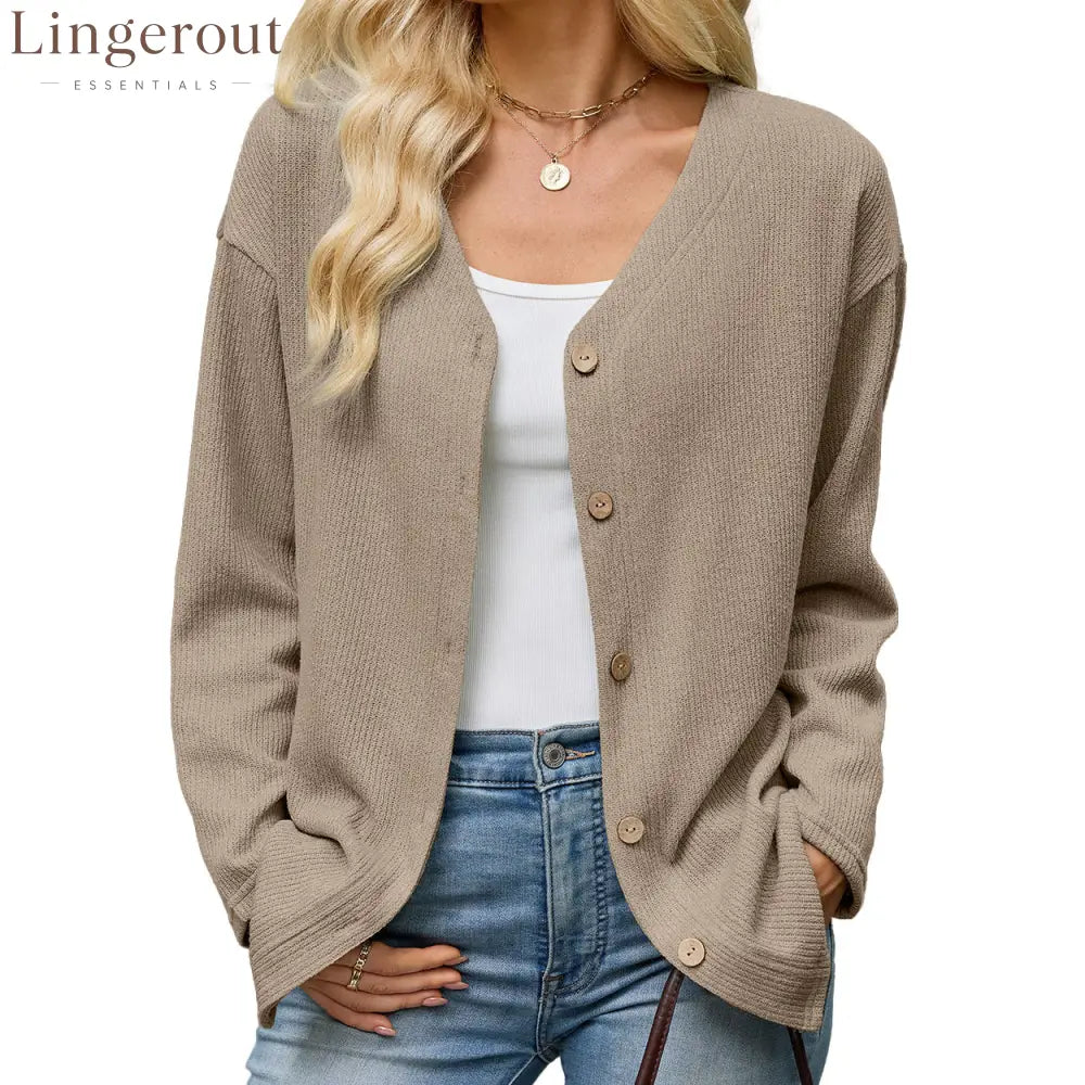 Button Front V-Neck Knit Cardigan - Brown / S