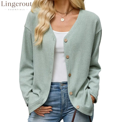 Button Front V-Neck Knit Cardigan - Green / S