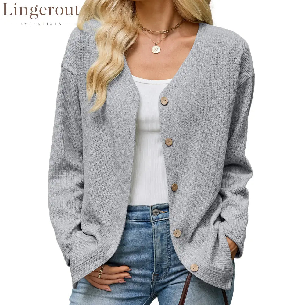Button Front V-Neck Knit Cardigan - Grey / S