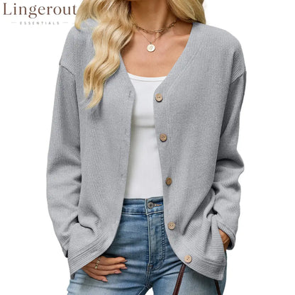 Button Front V-Neck Knit Cardigan - Grey / S