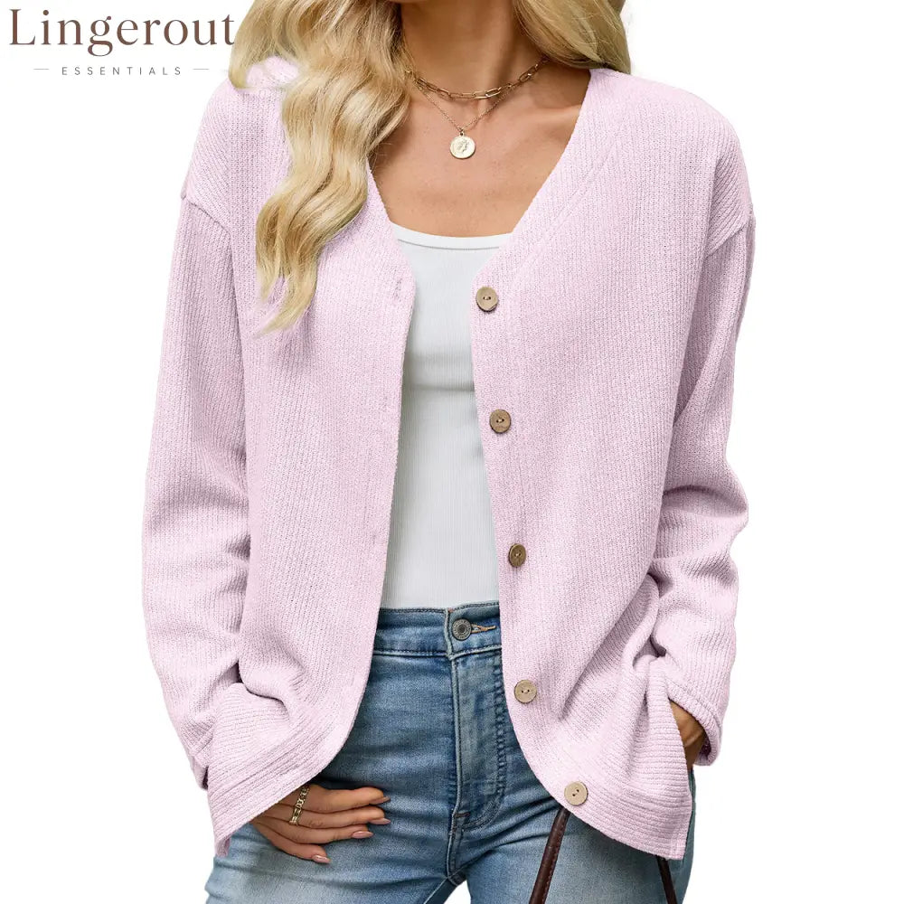 Button Front V-Neck Knit Cardigan - Pink / S