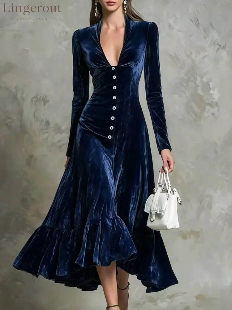 Button-Front Velvet Midi Dress