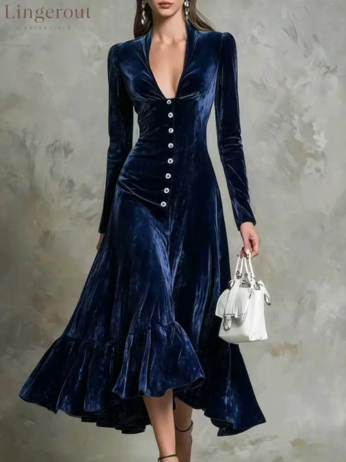 Button-Front Velvet Midi Dress
