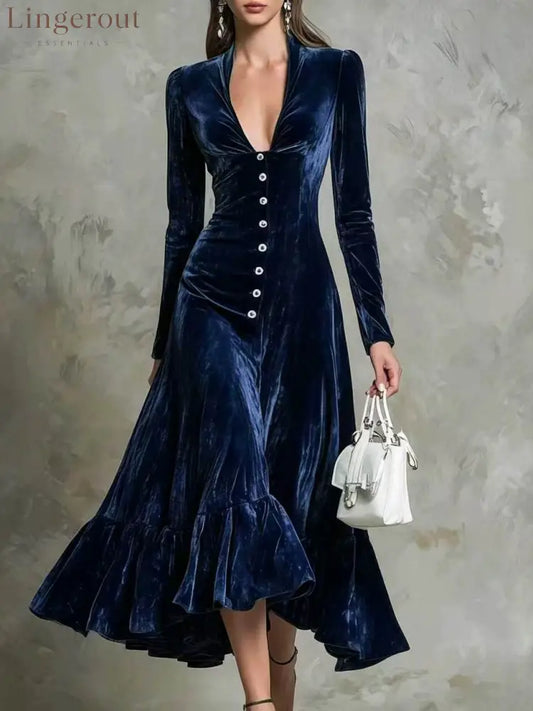 Button-Front Velvet Midi Dress