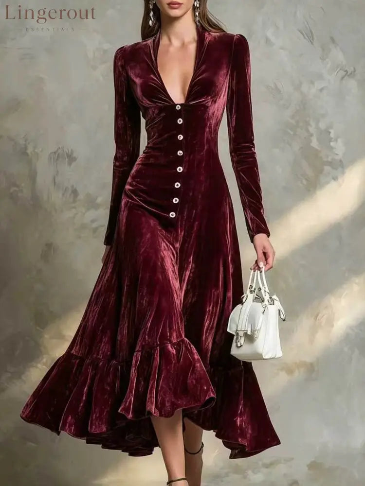 Button-Front Velvet Midi Dress