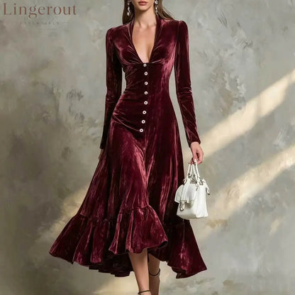 Button-Front Velvet Midi Dress - Burgundy / S
