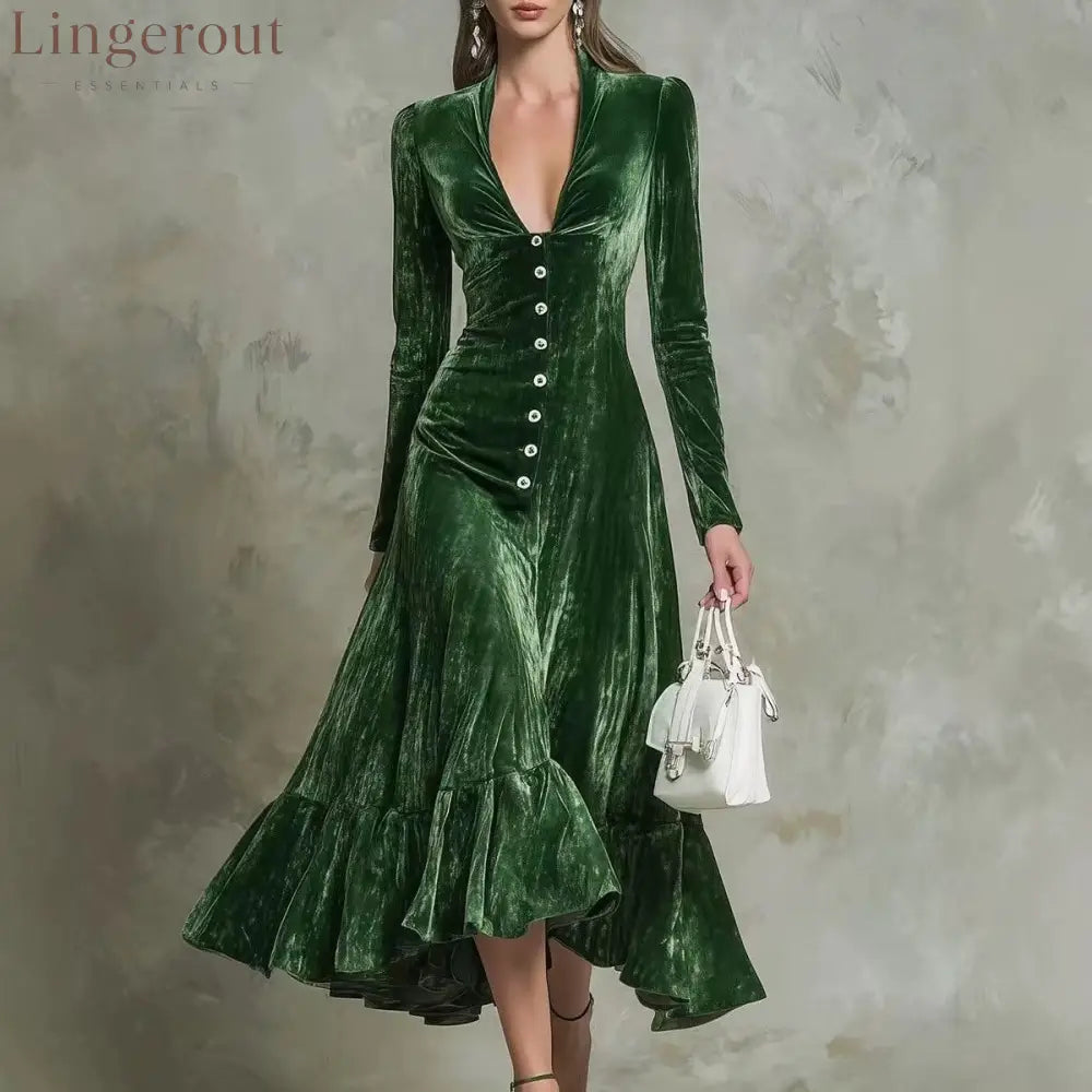 Button-Front Velvet Midi Dress - Green / S