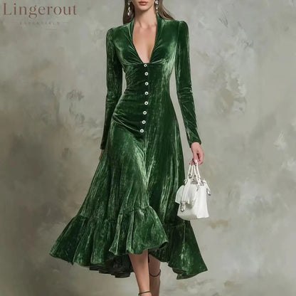 Button-Front Velvet Midi Dress - Green / S